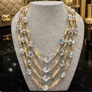 VENDOME 1950s/1960s Vintage Graduated 4-Strand Gold and AB Crystal Necklace